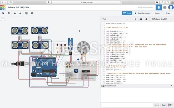 Tinkercad circuit simulation of the Safe Car project, showing an Arduino Uno wired to four ultrasonic distance sensors, a motor, and LEDs, alongside the Arduino code editor