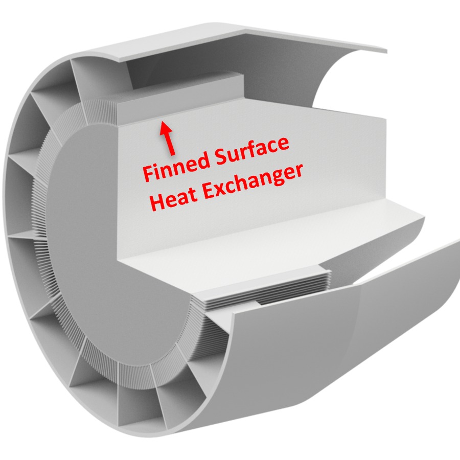 Cutaway CAD render of the conventional finned surface heat exchanger installed in the exhaust cone of a jet engine
