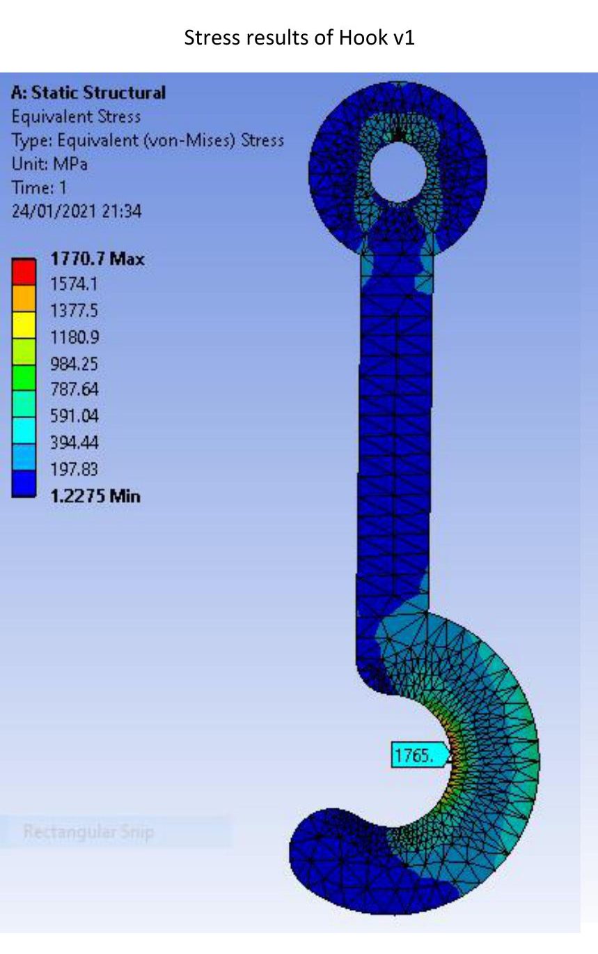 ANSYS equivalent stress contour for Hook design iteration v1