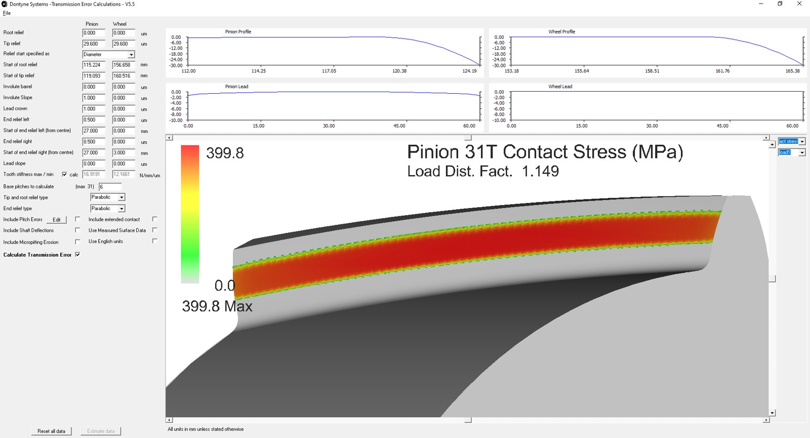 Colour contour map of contact stress across the pinion tooth flank, peaking at 399.8 MPa, showing an even load distribution across the full face width