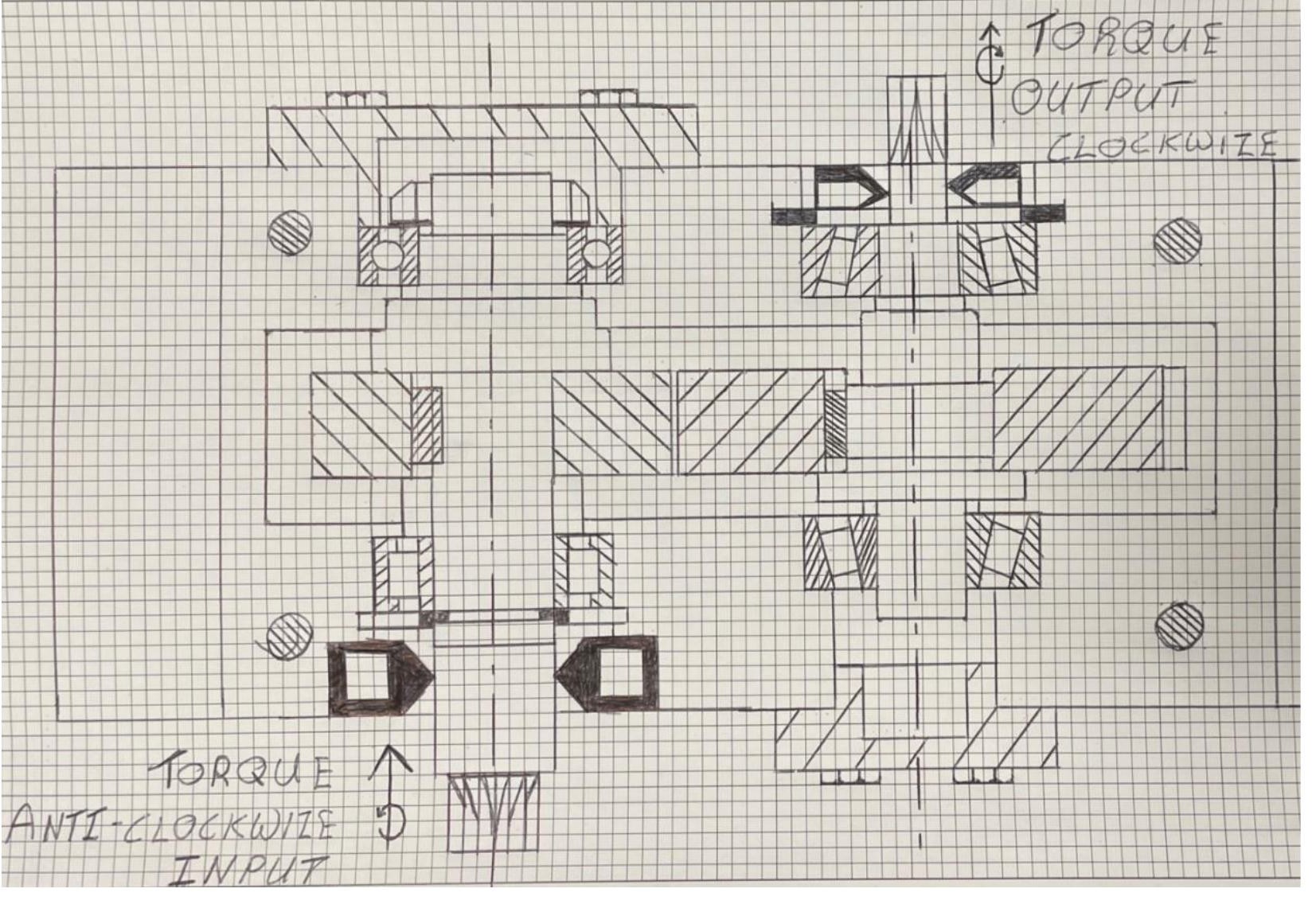 Hand-drawn engineering cross-section of the gearbox showing the pinion and wheel shafts, bearings, and torque flow direction