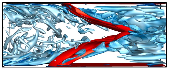 Instantaneous DNS iso-surfaces of temperature (red, 1700K) and vorticity magnitude (blue) in the flashback region of the turbulent channel flow, side view