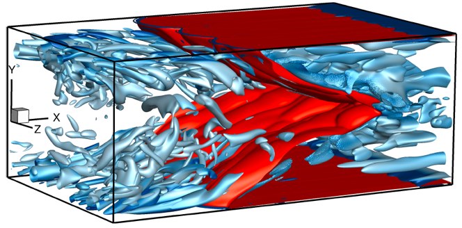 Instantaneous DNS iso-surfaces of temperature (red, 1700K) and vorticity magnitude (blue) in the flashback region of the turbulent channel flow, isometric view