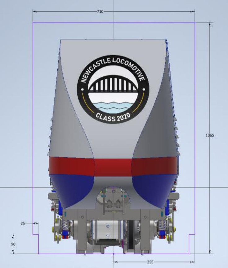 Front-view CAD render of the locomotive showing its outline constrained within the purple boundary of the mandatory Dynamic Loading Gauge envelope